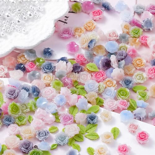 100pcs 3D Camellias Rose Flower Nail Art Charms with Nail Pearls Cute Leaves