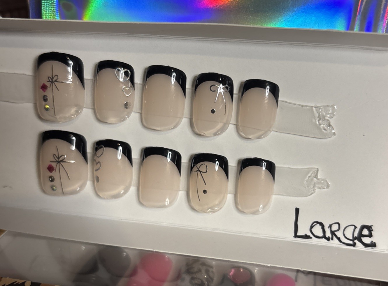 Press On Nails Short Square Black French w/silver&rhinestones full set Sz Lg…
