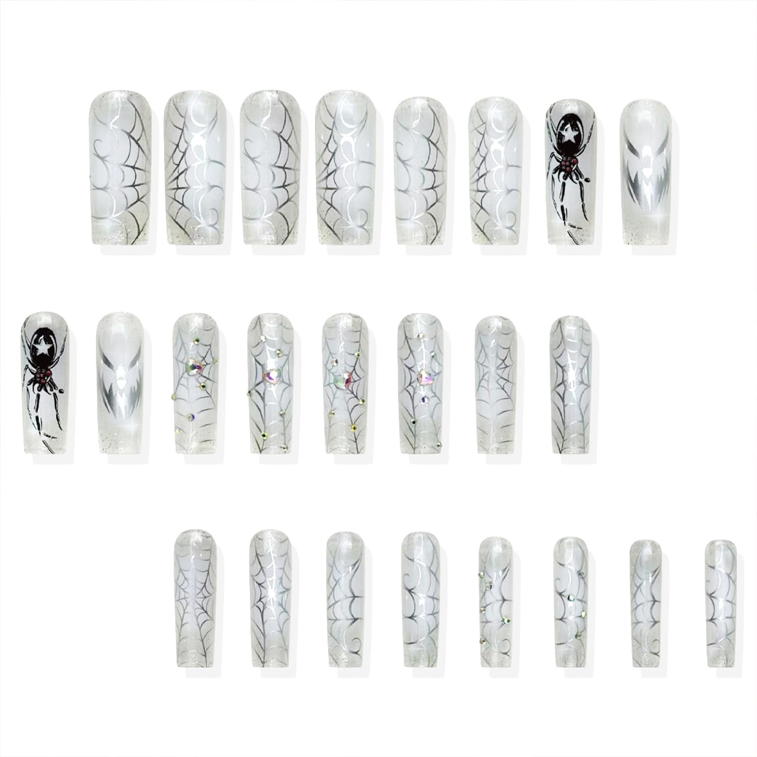 Vopintpy Halloween Press on Nails Silver Spider Web Fake Multicolor