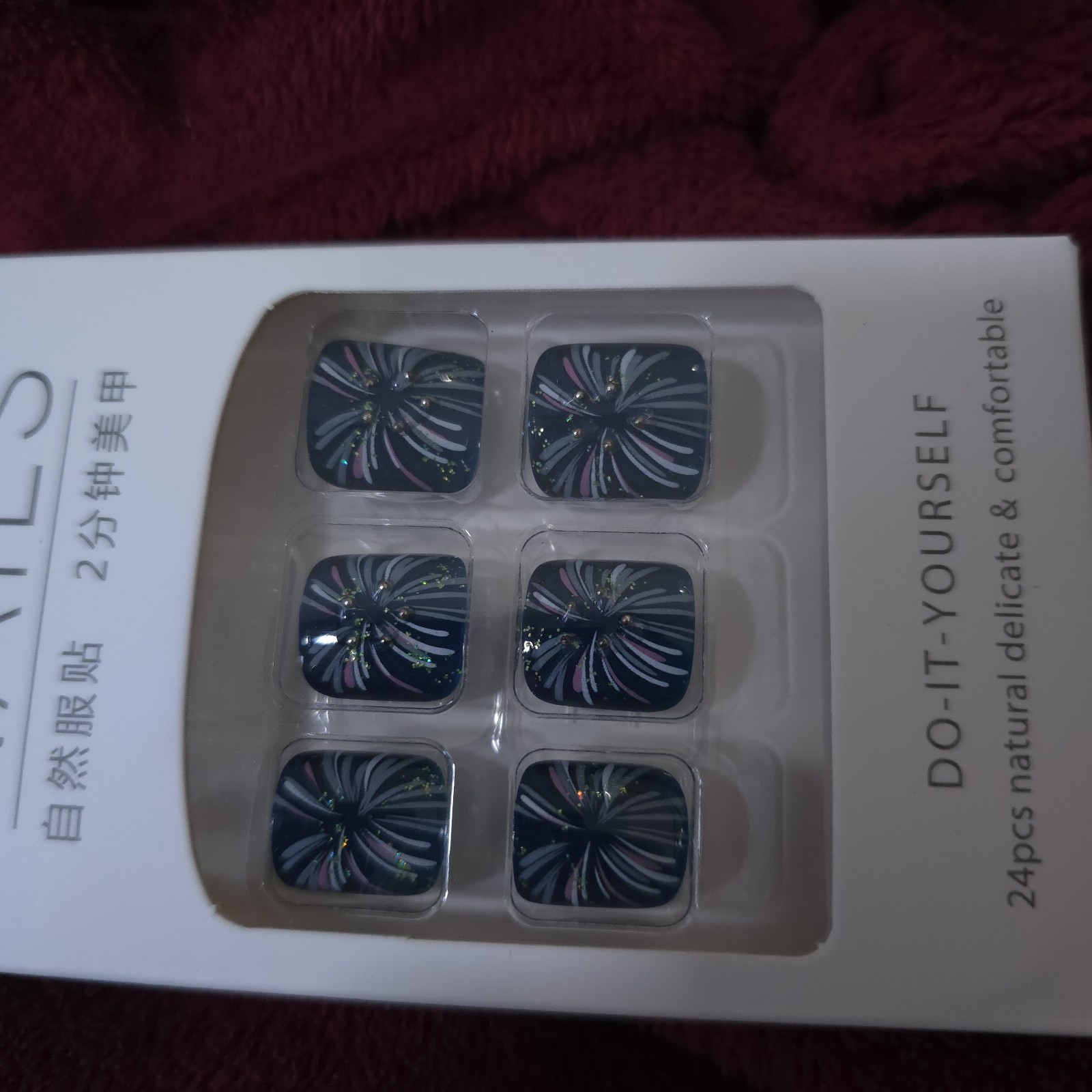 24pc Fireworks Press On Toenails Dark Blue Glitter Fake Nails Full Cover False