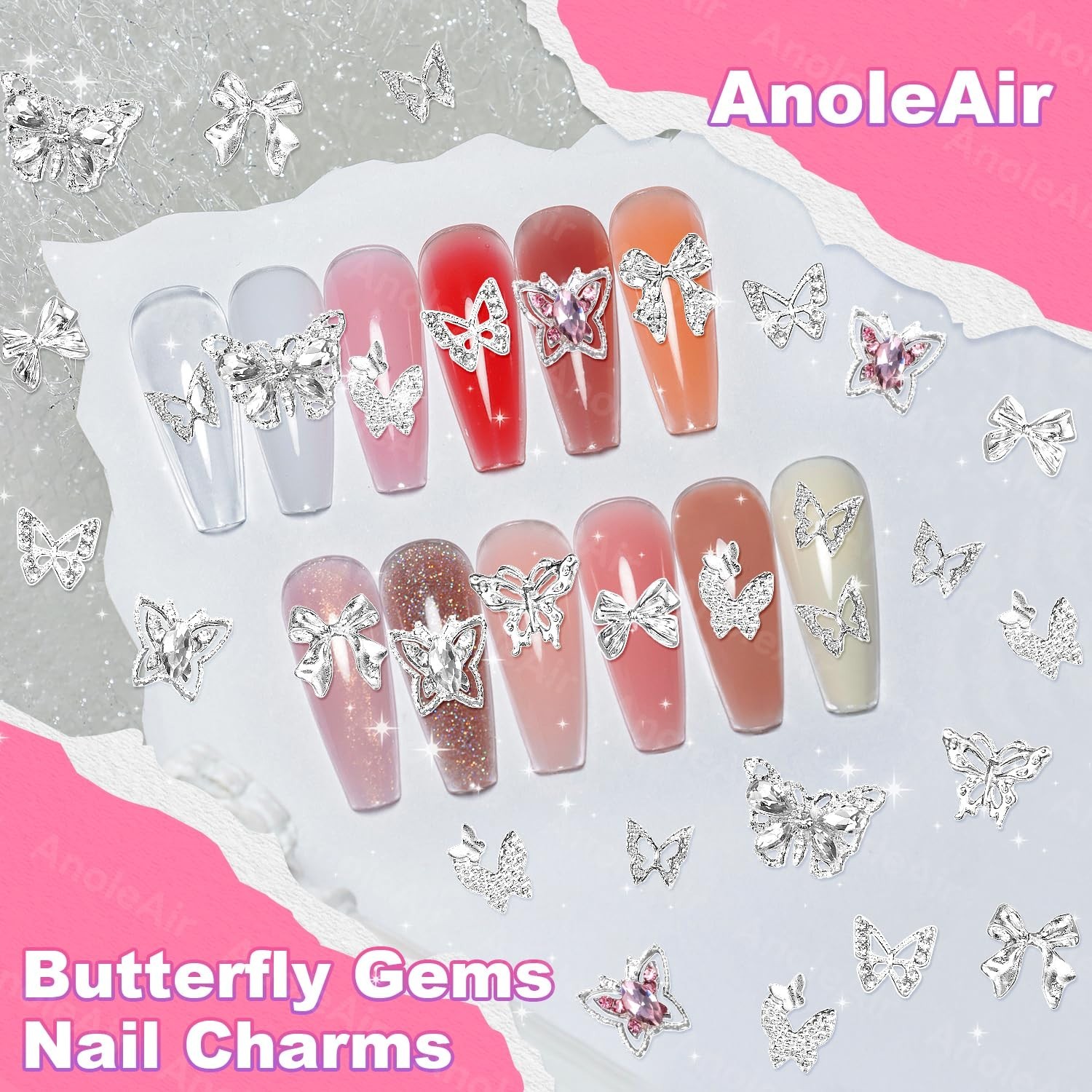 80 Pcs Silver Butterfly Nail Charms and Gems, 3D Pink Color Butterfly COLOR-S2