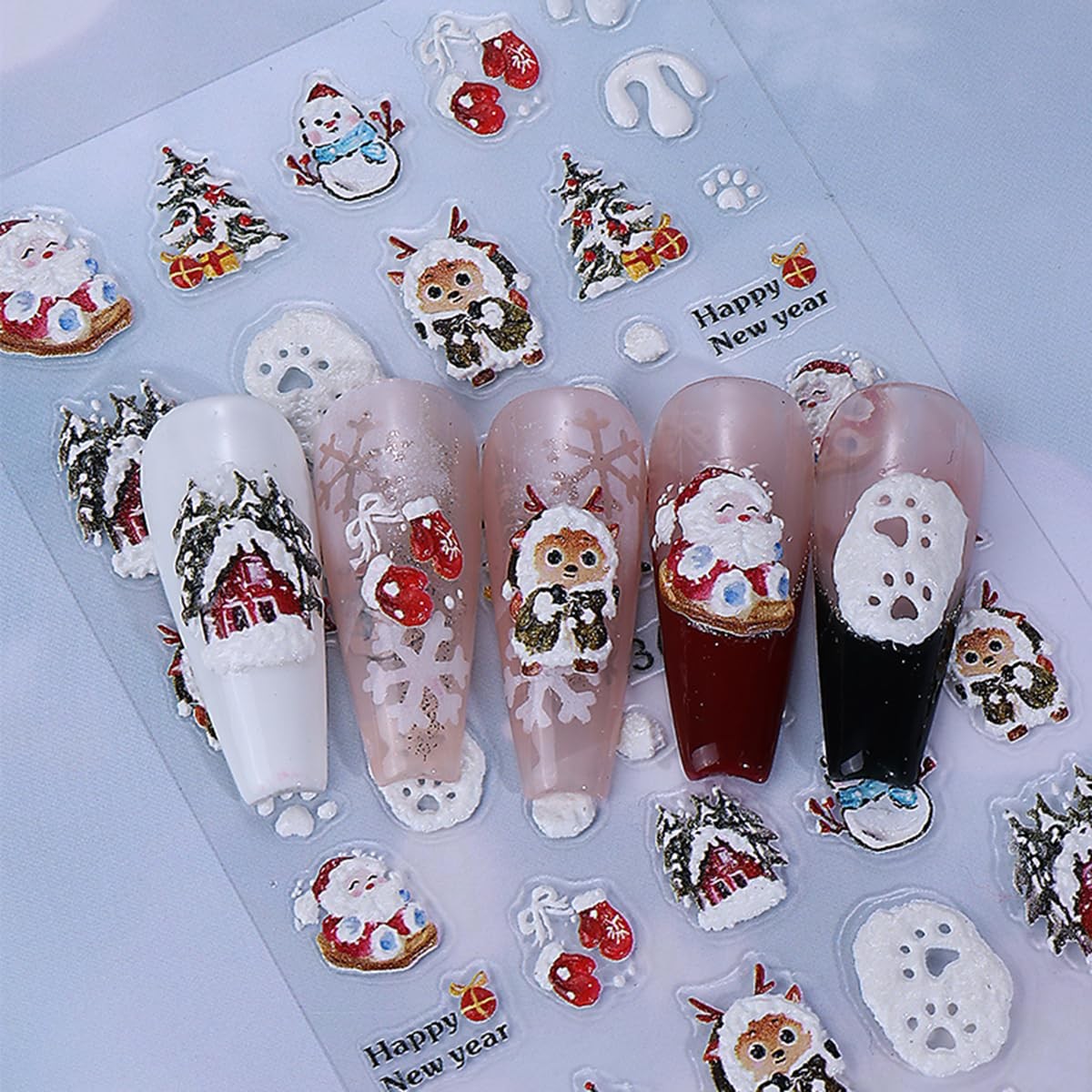 2 Sheets Embossed Christmas Nail Stickers for Nail Art Santa Claus Snowman Na…