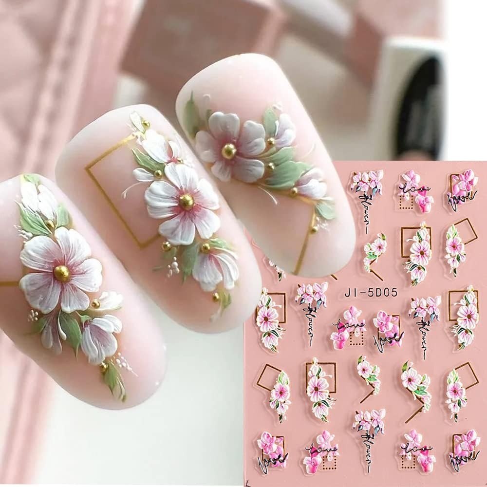 5D Nail Art Stickers 4 Sheets Pink Flowers Geometric Lines Decor Acrylic Embo…