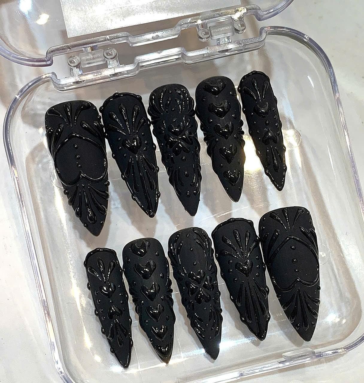 Custom Handmade Halloween 3D Embossed Heart Gothic Stiletto Press on Nails