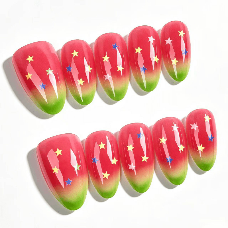 60 Pcs Watermelon Gradient Glitter Oval Press on Nails, Fresh Summer Fake Nails