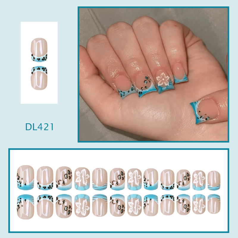 48Pcs Blue Leopard French Floral Coffin Press on Nails,Minimal Trendy Fake Nails