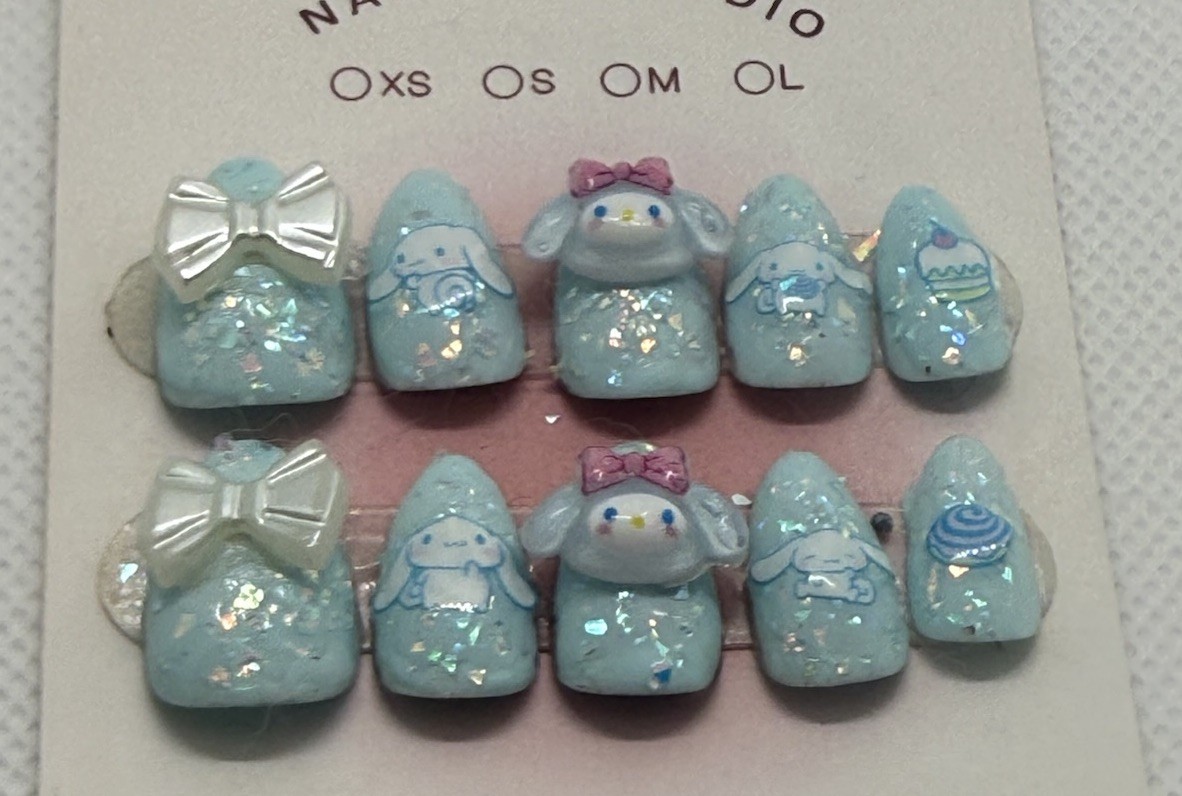 Handmade Kawaii Blue my melody Nails Glitter Acrylic 3D Sanrio Set medium