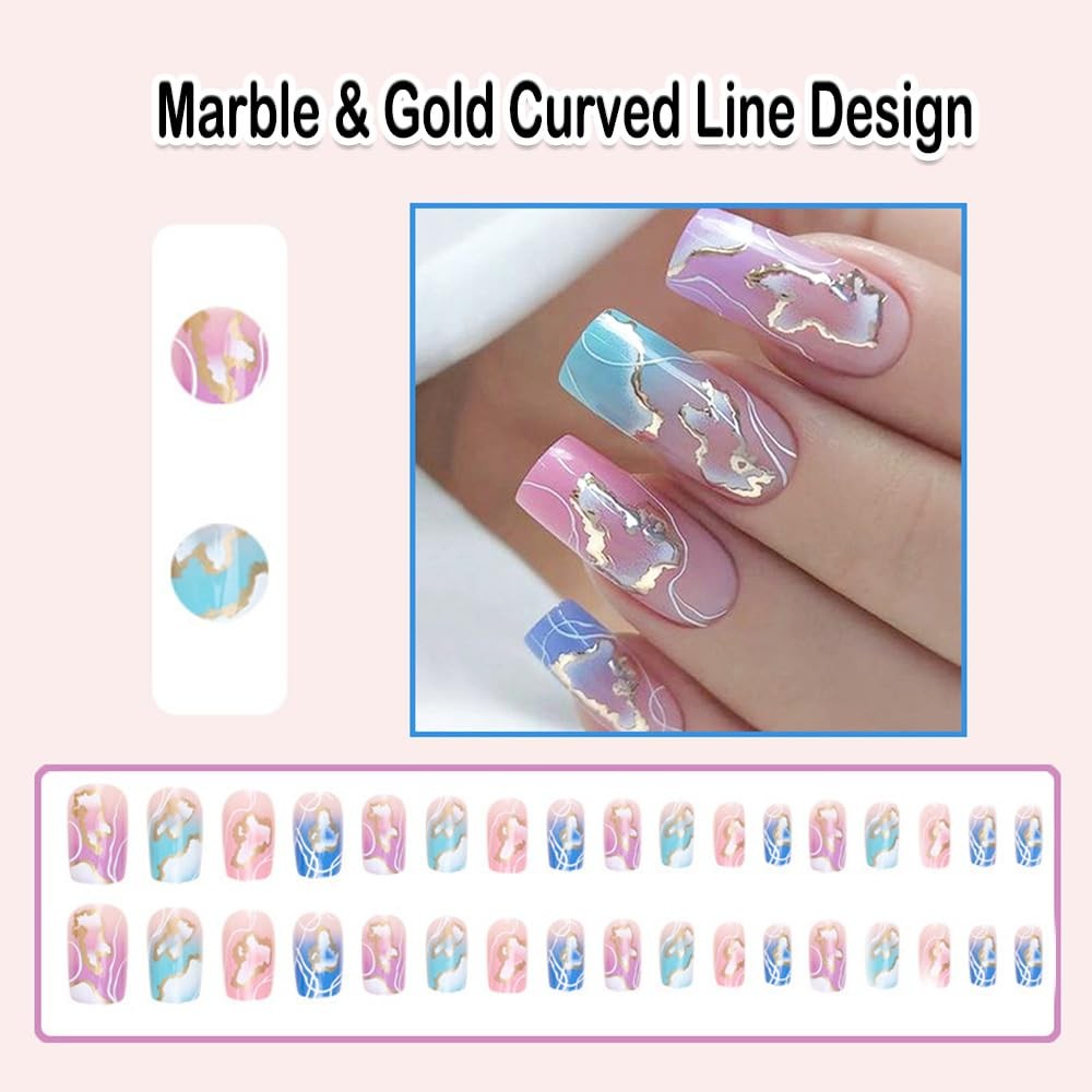 Marble Press on Nails Square Short Medium Pink Fake Nails with Gold Leaf Curv…