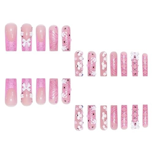RUOKEXIN Long Square Press on Nails – Pink French Tip Fake Long Style-C6C31