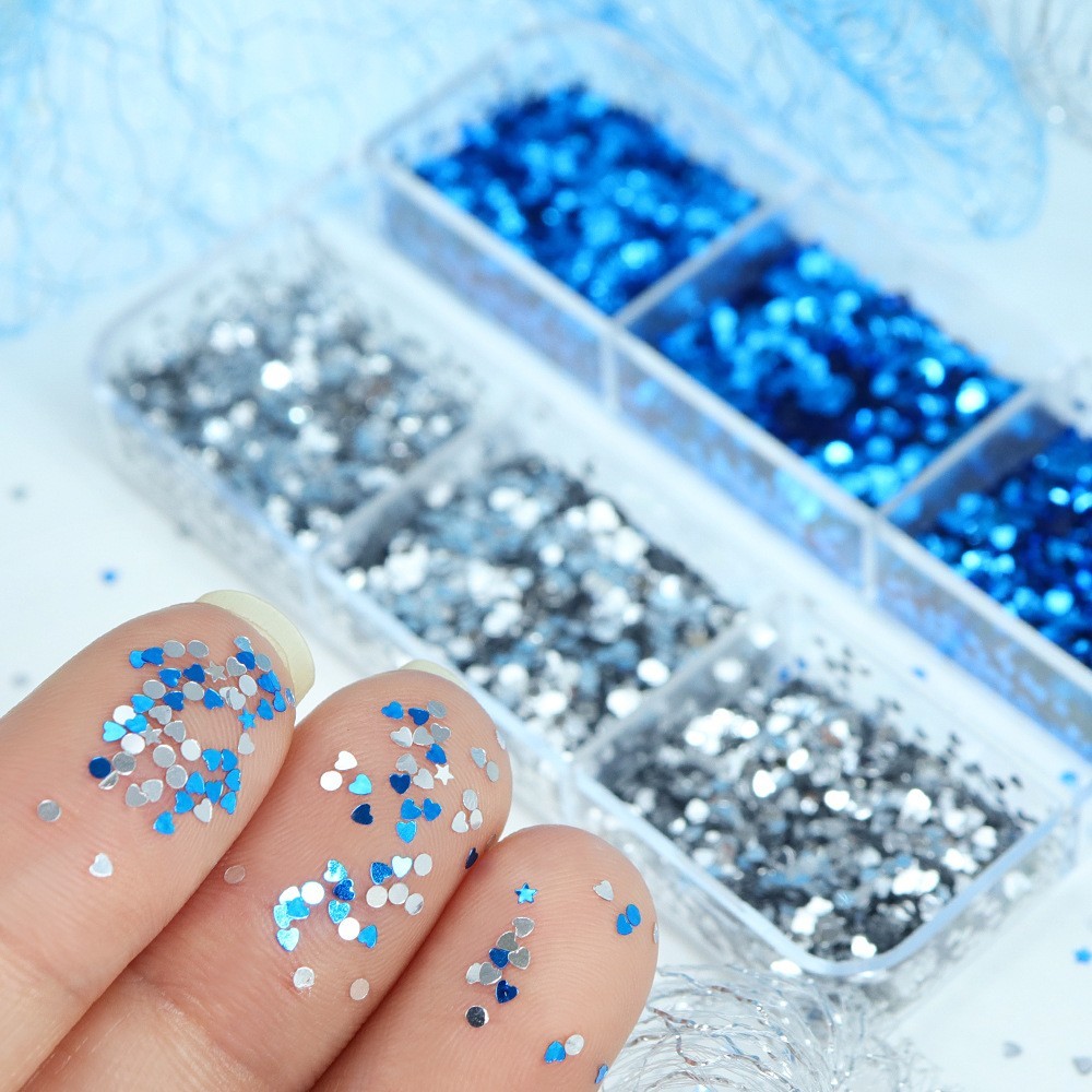 6Grids 1mm Mini Silver Blue Nail Glitter Sequins Mix Heart Star Flakes for Nails