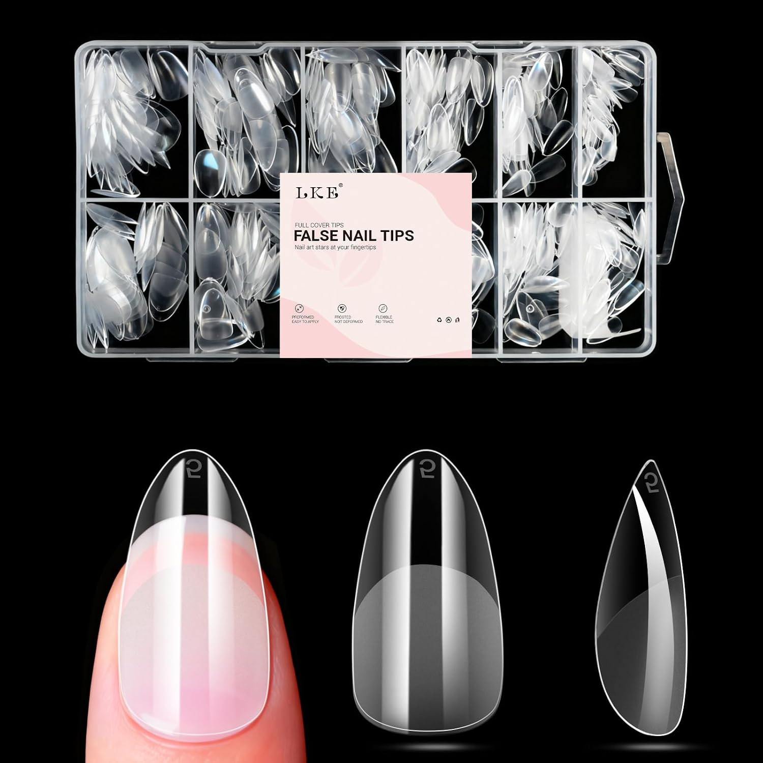 Medium Almond Gel Nail Tips, 240Pcs Pre Etched Clear Fake Nails Tips Almond Shap
