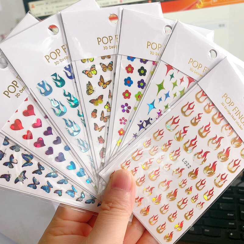Fire flame Heart Butterfly Flower 4 Pointed Star Holographic Nail Stickers
