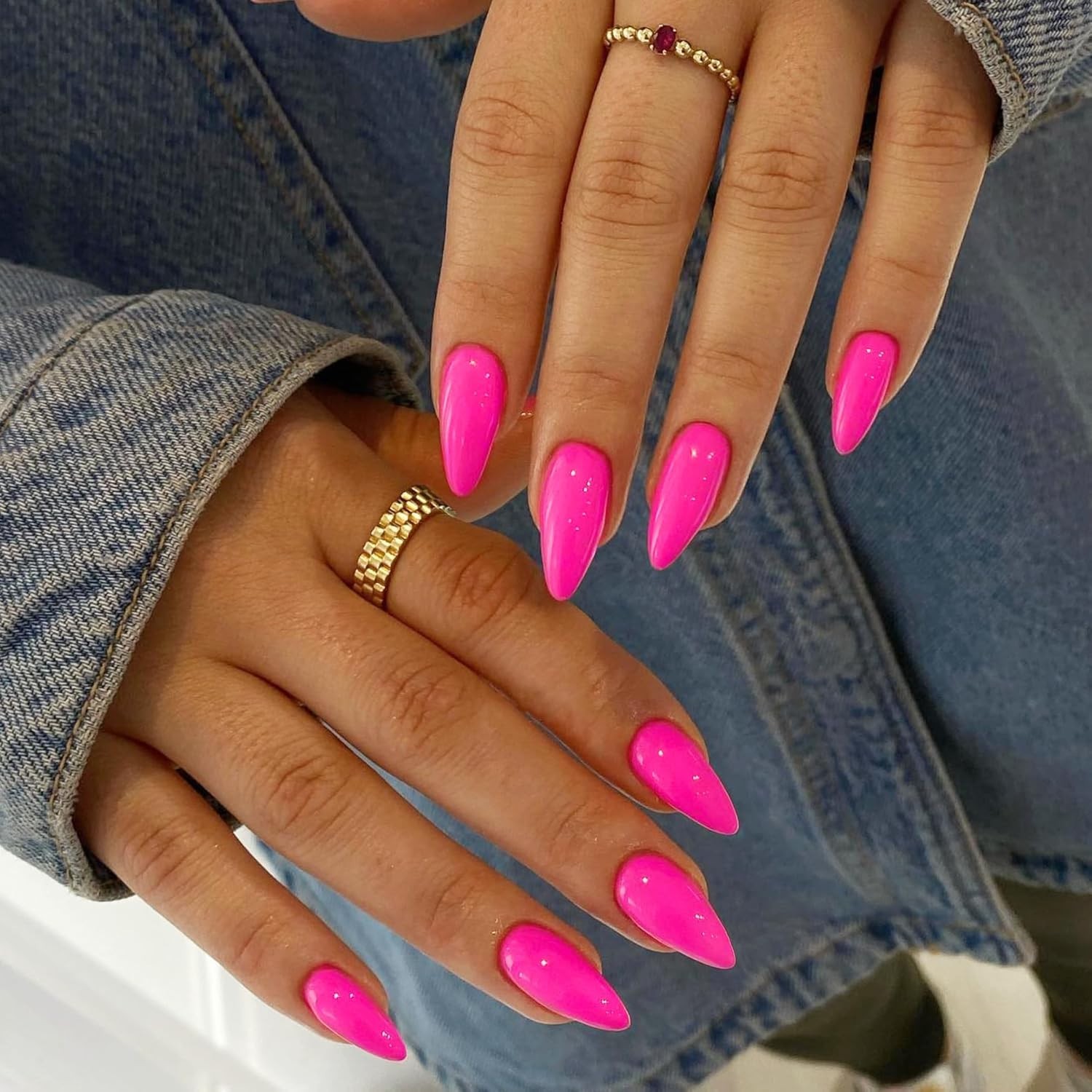48pcs Hot Pink Almond Press On Nails – Reusable Medium Length Gel Beauties