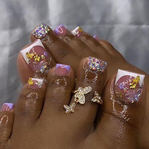 White French Tip Press on Toenails Short Square Fake Toe Nails with Gold style6