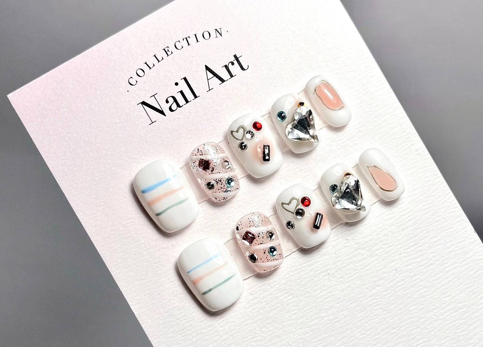 3D White & Pastel Mixed Press-On Nails / Handmade 10 pcs/ True Salon-Quality