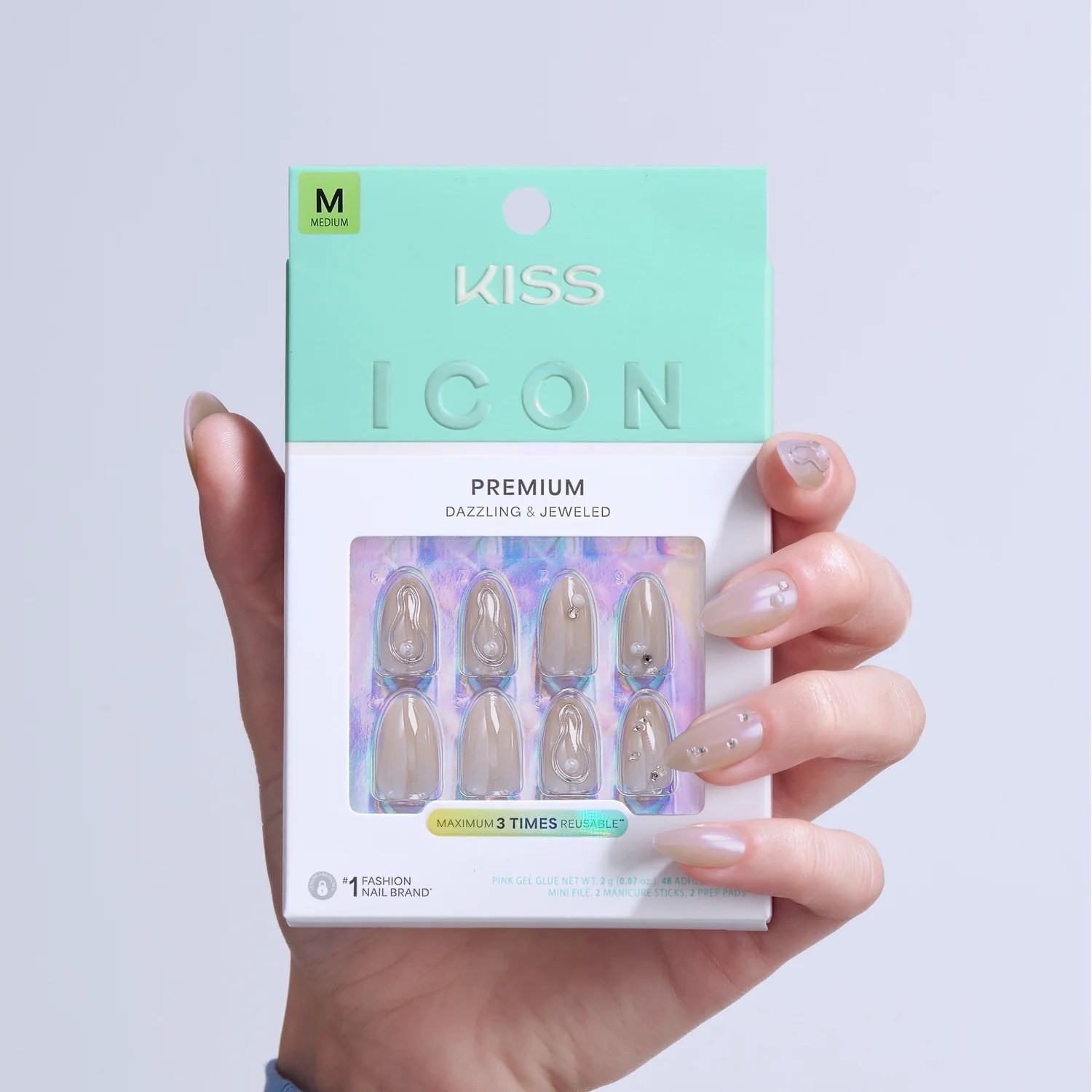 Kiss ICON Premium Dazzling & Jeweled Beige Medium Almond Press-On Nails Reusable
