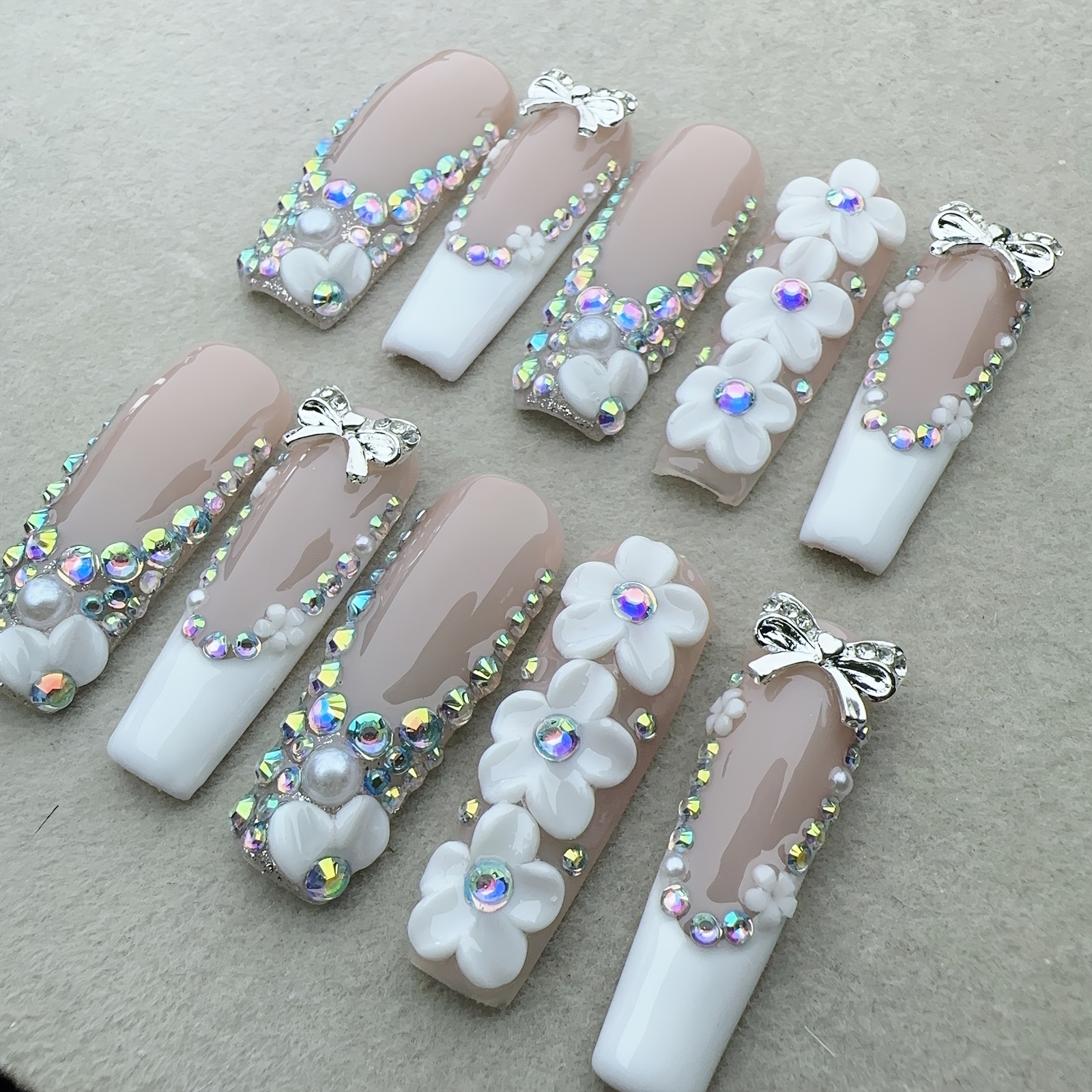 10PCS Handcrafted Press-On Nails Long Square Nude 3D Floral Glitter Rhinestones