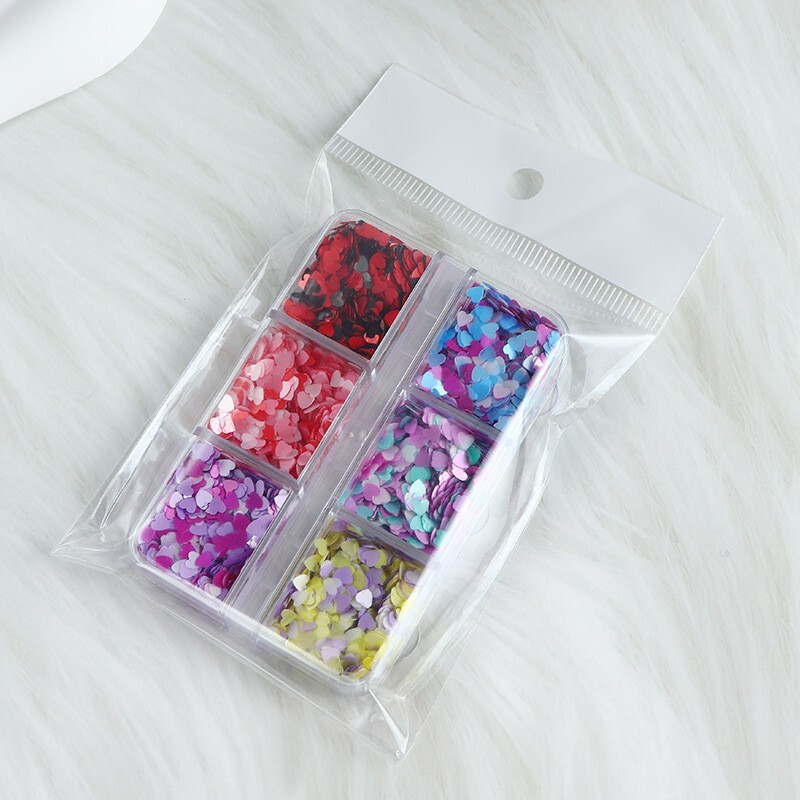 6 Grids Multi-Color LOVE Heart Nail Art Laser Sequins Glitter Flakes DIY Decor