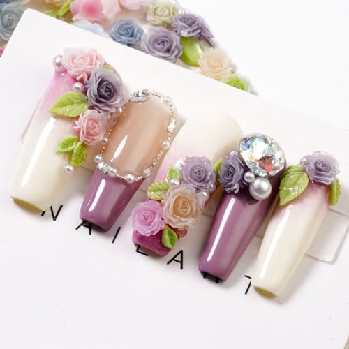 100pcs 3D Camellias Rose Flower Nail Art Charms with Nail Pearls Cute Leaves
