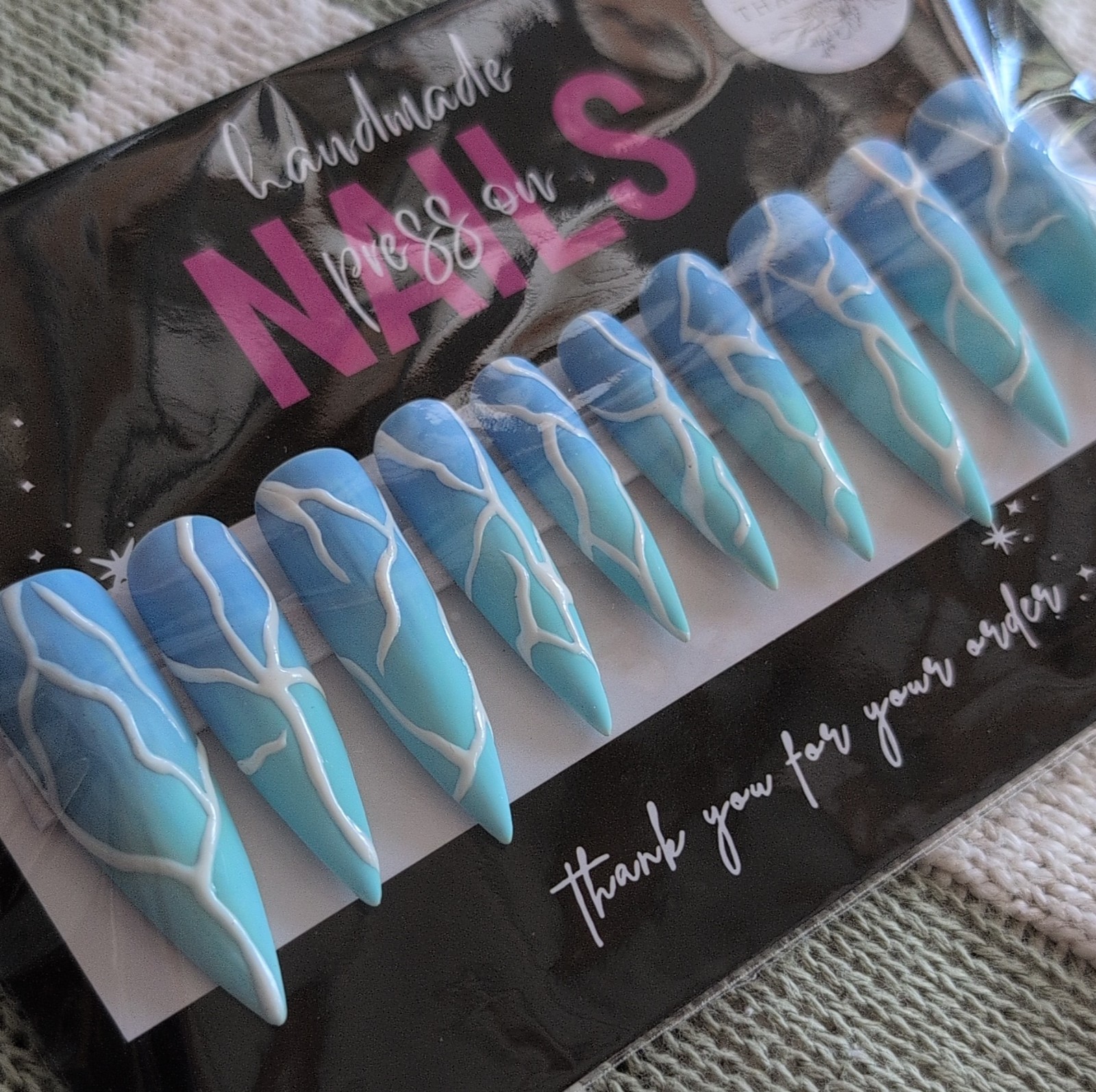 Handmade Press-On Nails Long Stiletto Blue White Abstract Sized Large