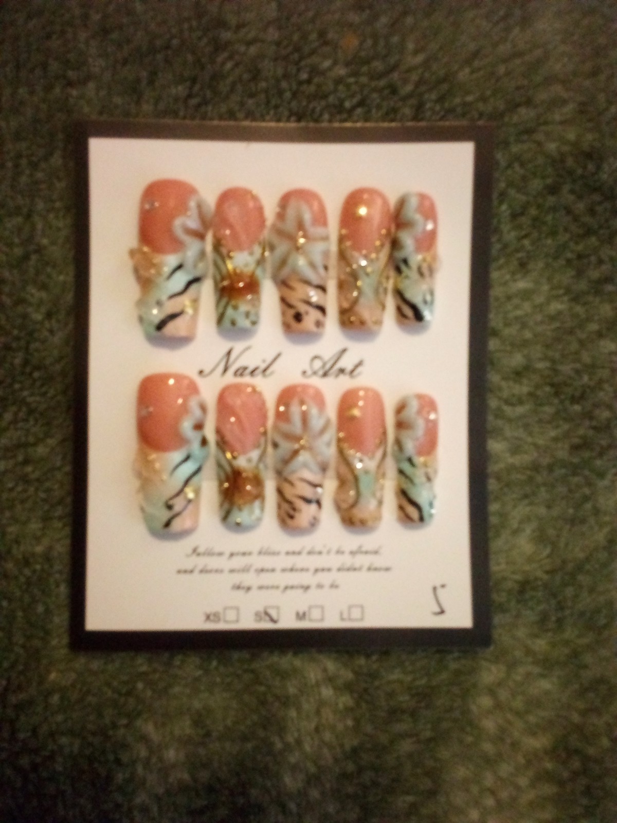Fashion 3D Press-On Nails Peach Blue Gold medium Square Animal Floral
