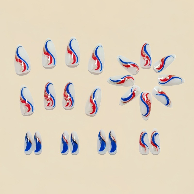 48 Pcs of Red and Blue Striped Round Head Almond Removable and Reusable Nail Art