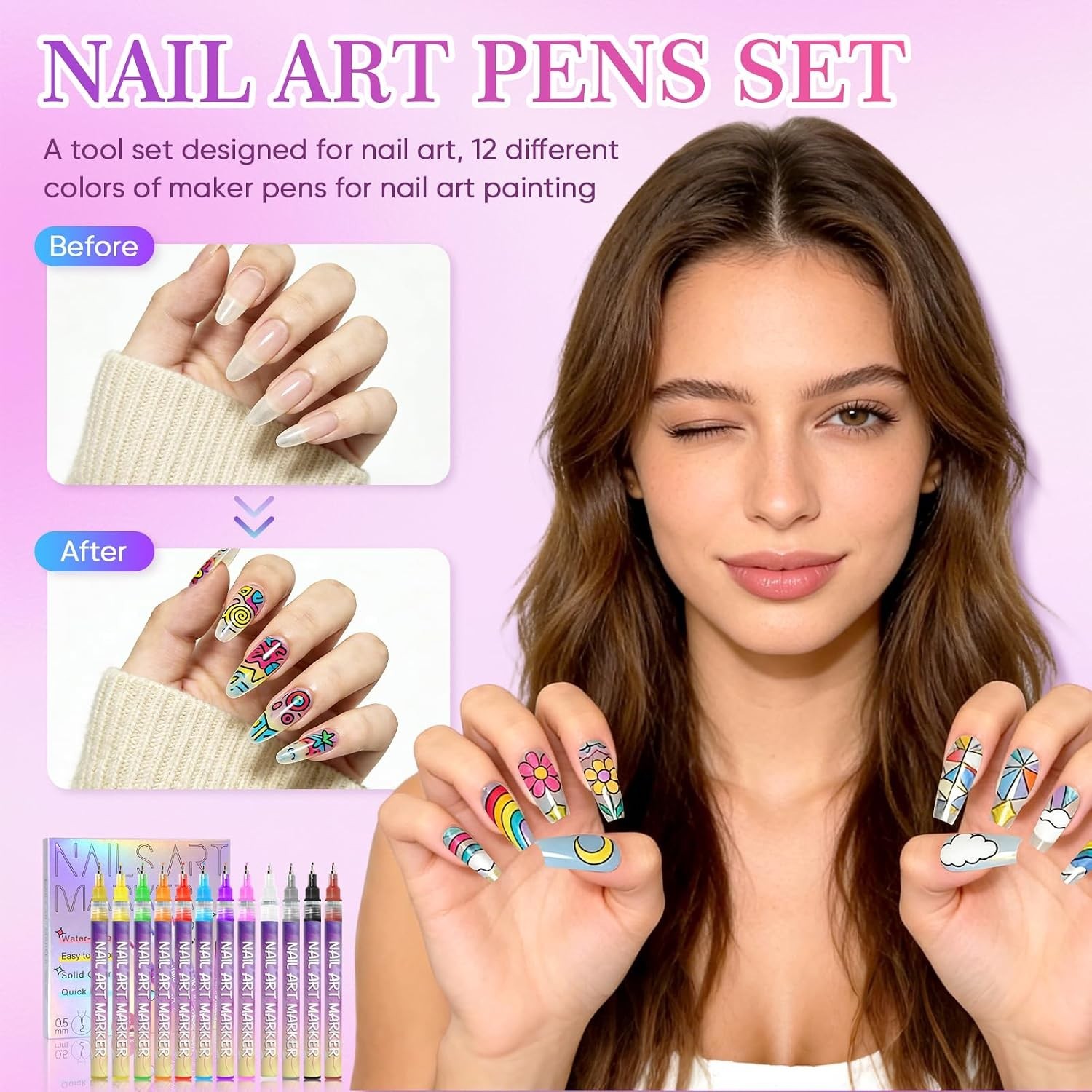 12 Colors Nail Art Marker Pens Set, Nail Markers for Nail Art, Suitable for N…