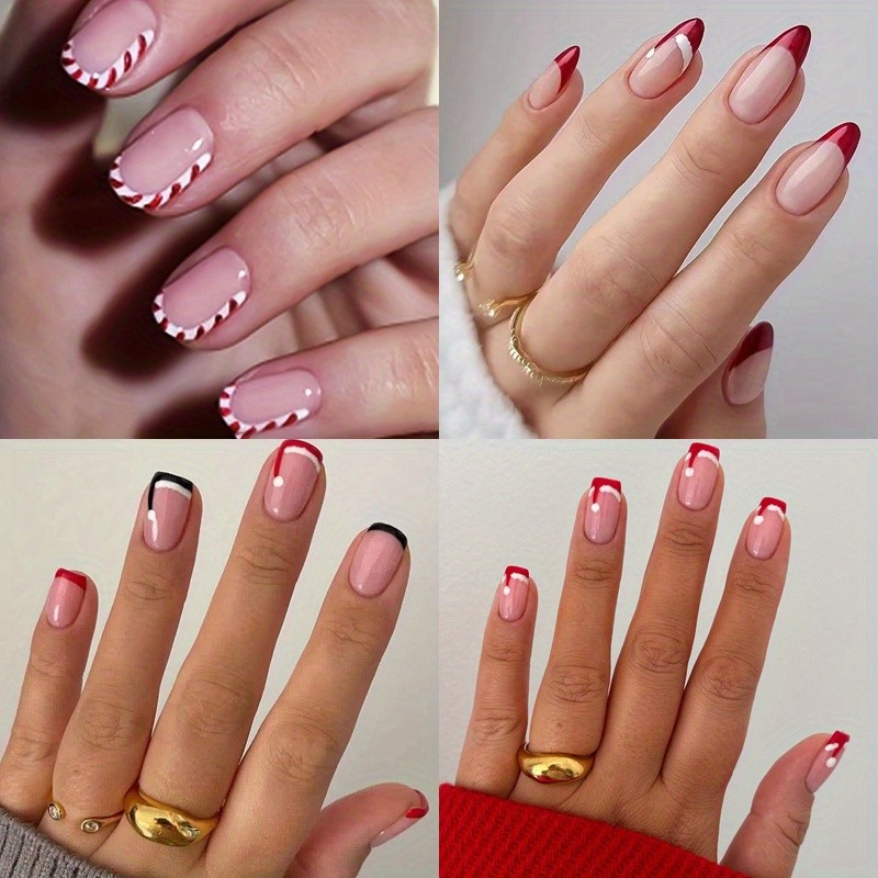 96PCS Christmas Candy Cane Press On Nails Swirl French Tip Festive Fake Nails