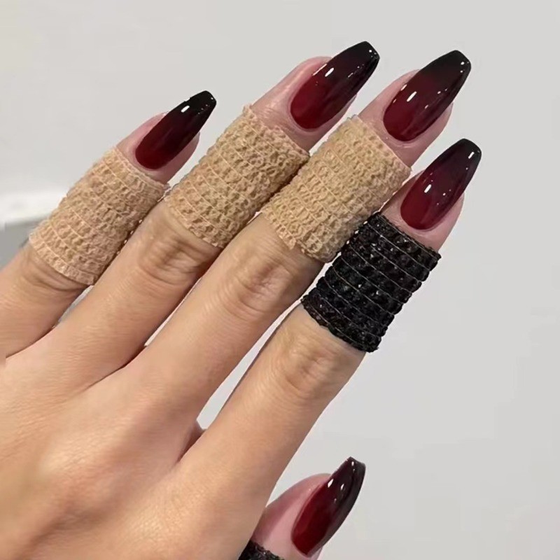 48pcs-Edgy Gradient Nails, Press on Almond with Black and Burgundy Ombre