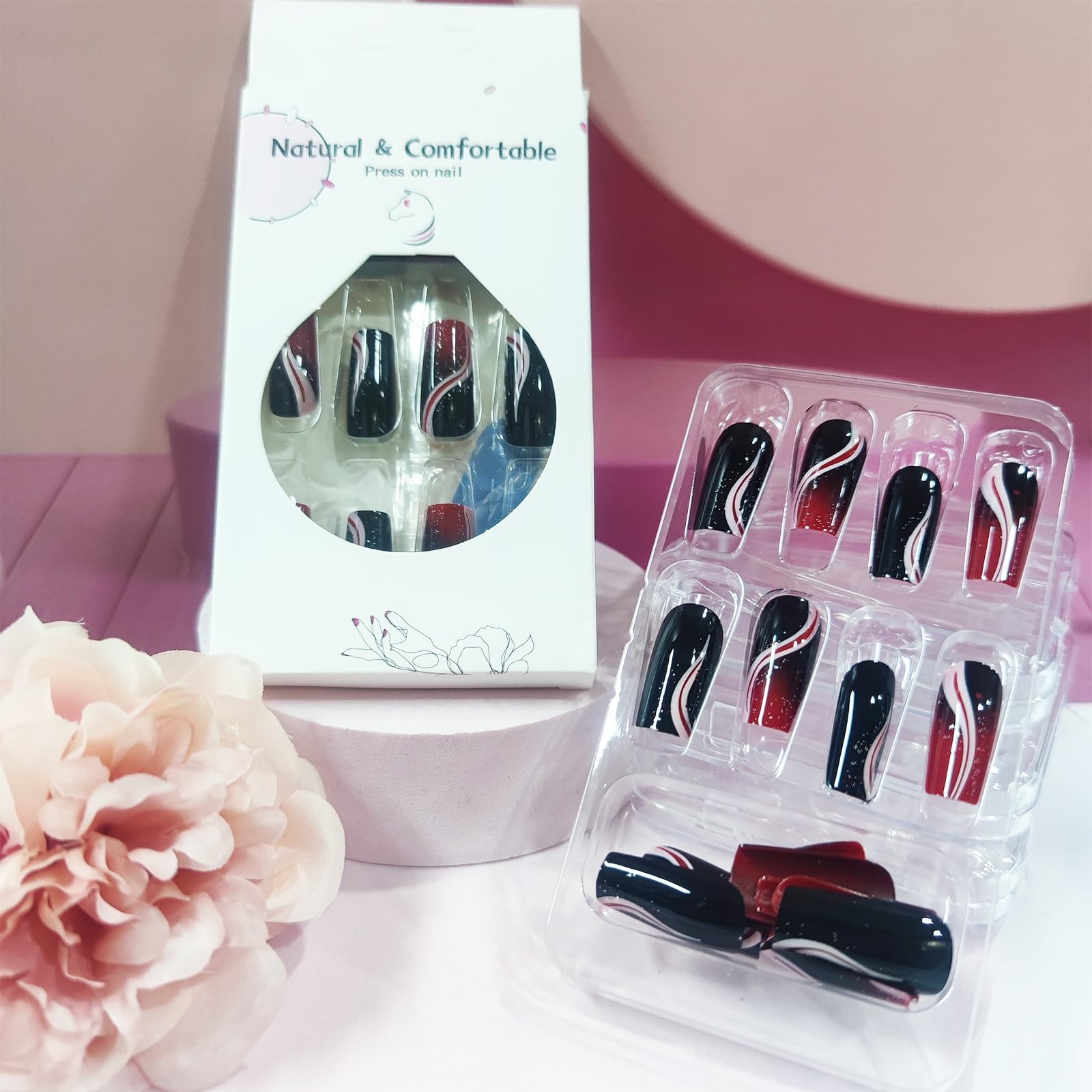 Red Curve Press on Nails 24Pcs Glossy Silver Glitter Stick on Nail Black Grad…