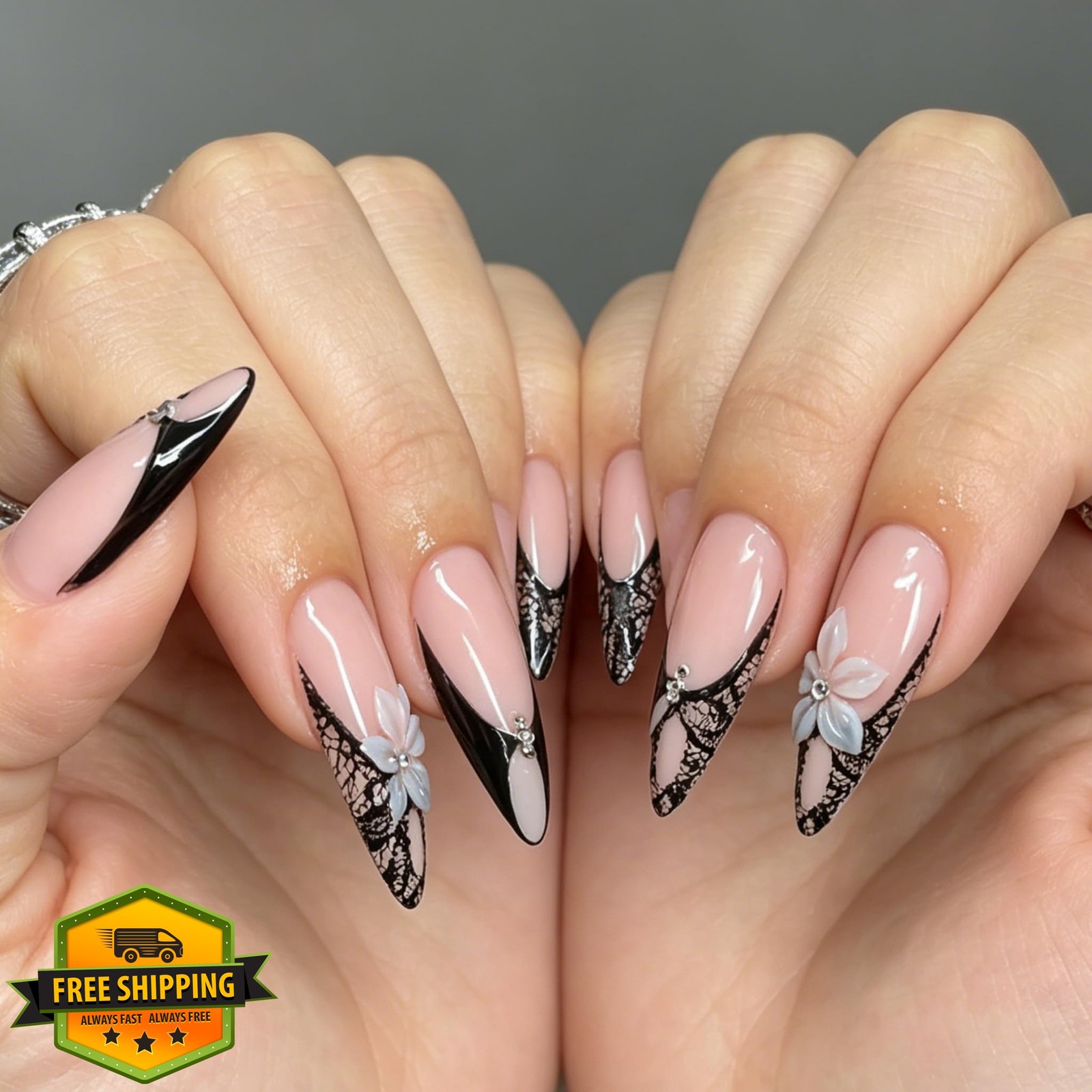 Tephrent Black Lace Almond French Nails