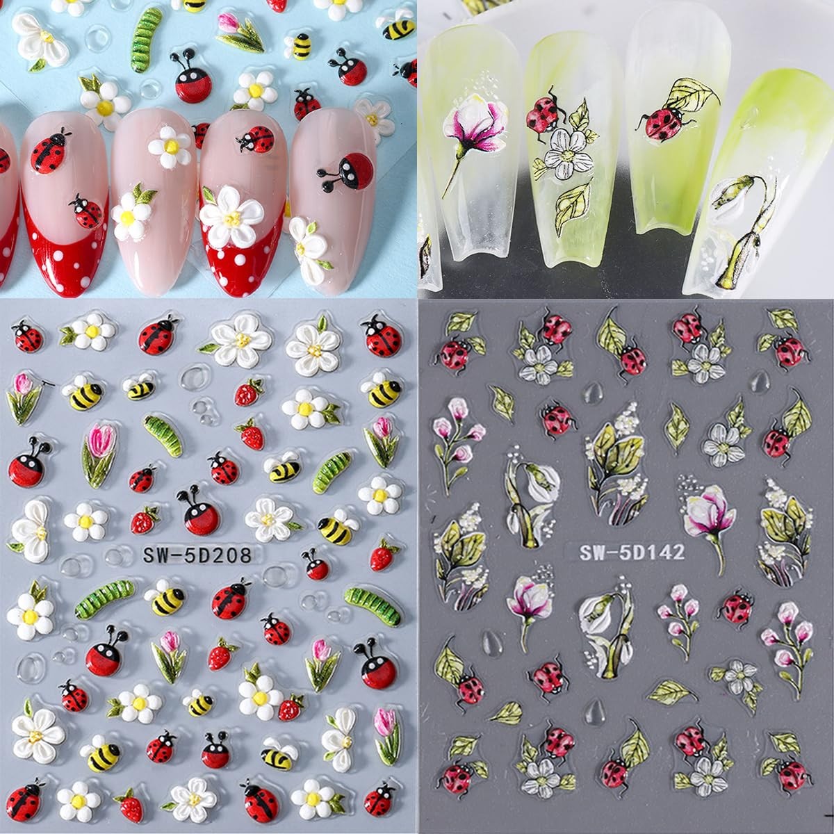 2 Sheets Ladybug Nail Stickers Spring Summer Flower Nail Art Stickers Self-Ad…