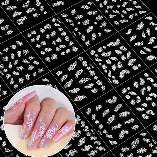 Flower Nail Stickers – 30 Sheets Spring Floral Nail Decals 3D Self White