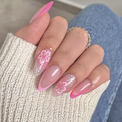 Pink French tips Press on Nails Medium 1 Fl Oz (Pack of 1) Almond Flower-2