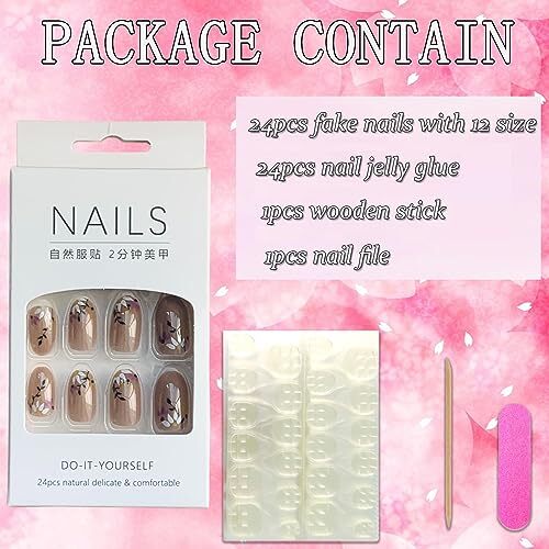 Flower Press on Nails Oval Shapes, Full Cover Acrylic Oval Short Flower W164