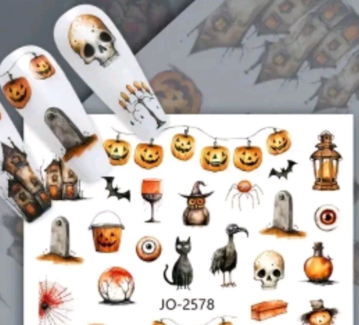 Halloween Nail Art Transfer Stickers Sculls Bats Pumpkins Owls Cats Candles