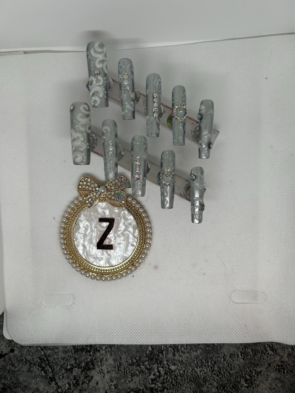 Z. NAILZ! Handmade XXL Square Silver Bling Wedding Or Anniversary Press On Nails