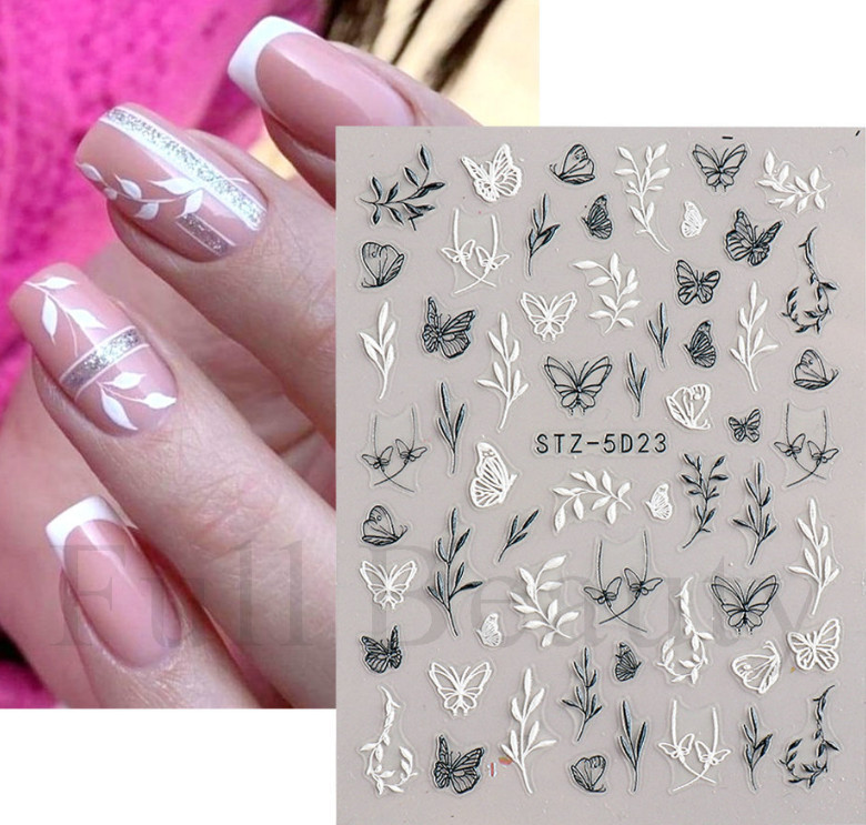 Black White 5D Embossed Rose Flowers Heart Leaf Nail Stickers Sliders Manicure