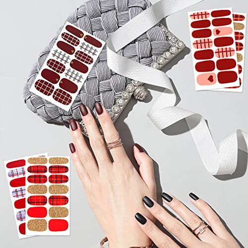 16 Sheets Red Plaid Nail Polish Strips for Women Nail Stickers Red Plaid Style