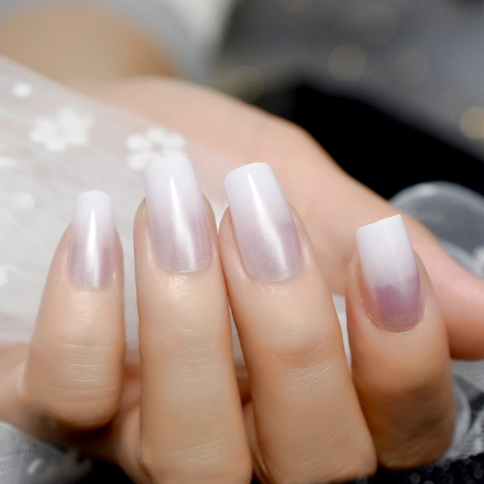 24 Medium Press on Nails kit glue on square pearl french ombre pink white