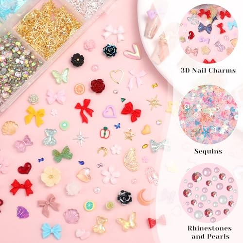 3D Mixed Nail Charms Kit, Colorful Rose Tiny Flowers Bows Nail Art Set-1