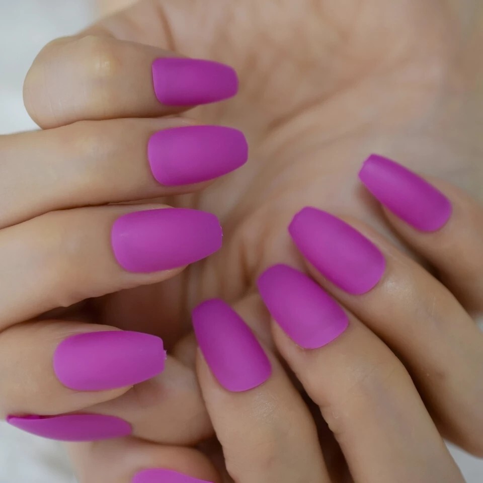 24 Matte Fuschia Press On Nails w/ Glue glitter bright purple medium coffin