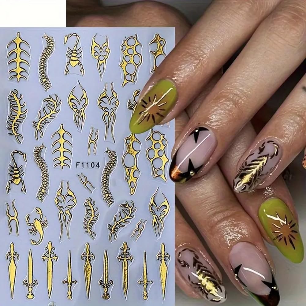 4 Sheets Goth Nail Stickers for Nail Art 3D Punk Style Black Belt Nail Art St…