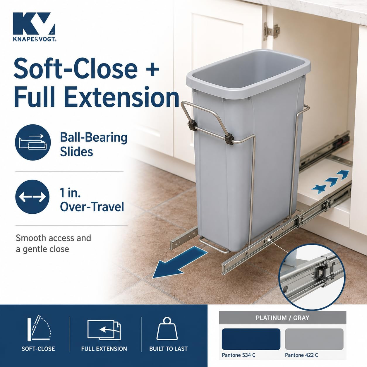 Soft-Close Pull-Out Trash Can for Cabinets, 20 Qt (5 Gallon) Bottom Mount Single