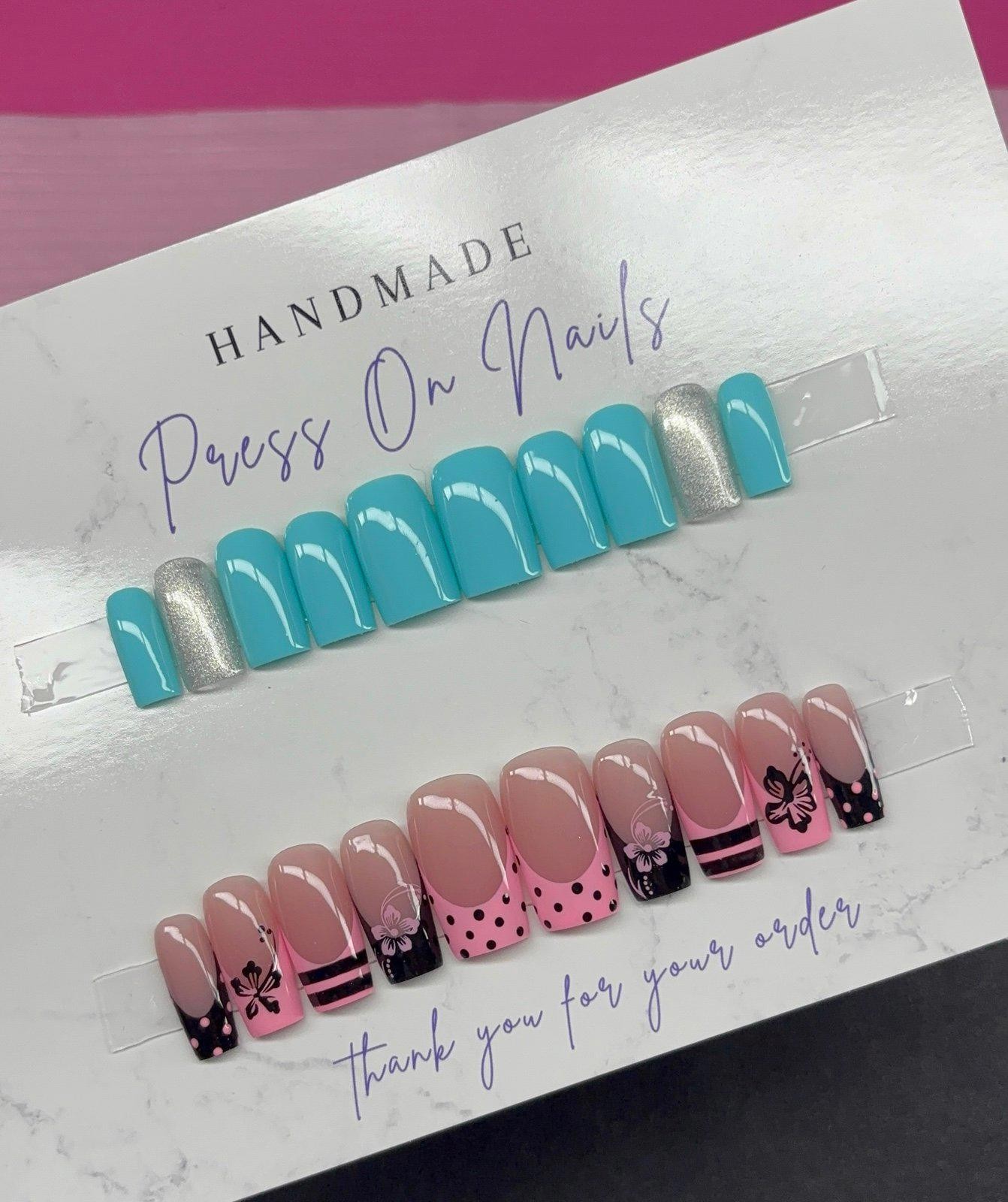 Short square and medium square press on nails spring pink black teal silver