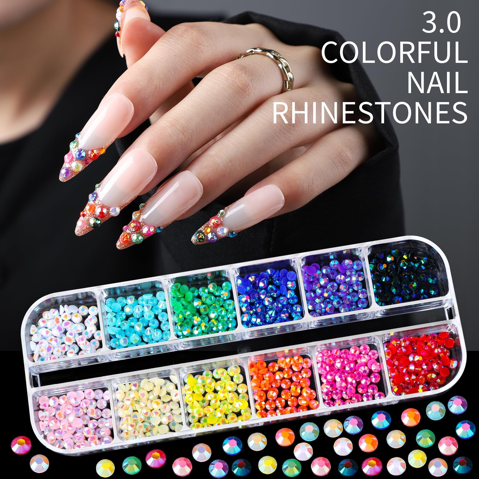 Nail Charms Nail Gems with 15 Sheets Gold Nail Stickers, 6 Boxes of Rhineston…