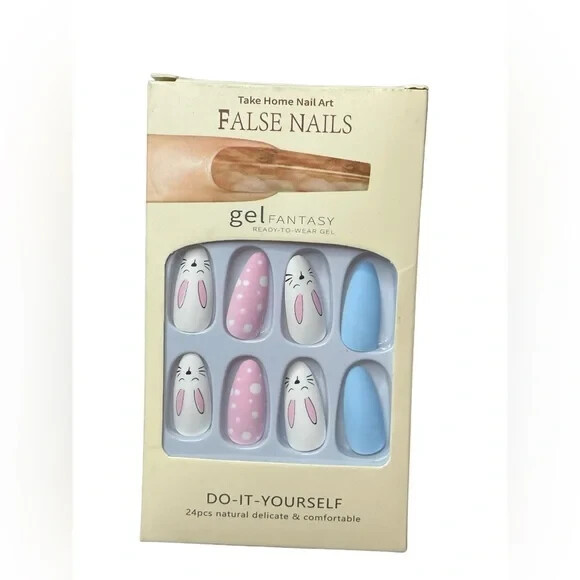 Easter 24pcs/set Rabbit Pattern Frosted Long Almond Nails NWT
