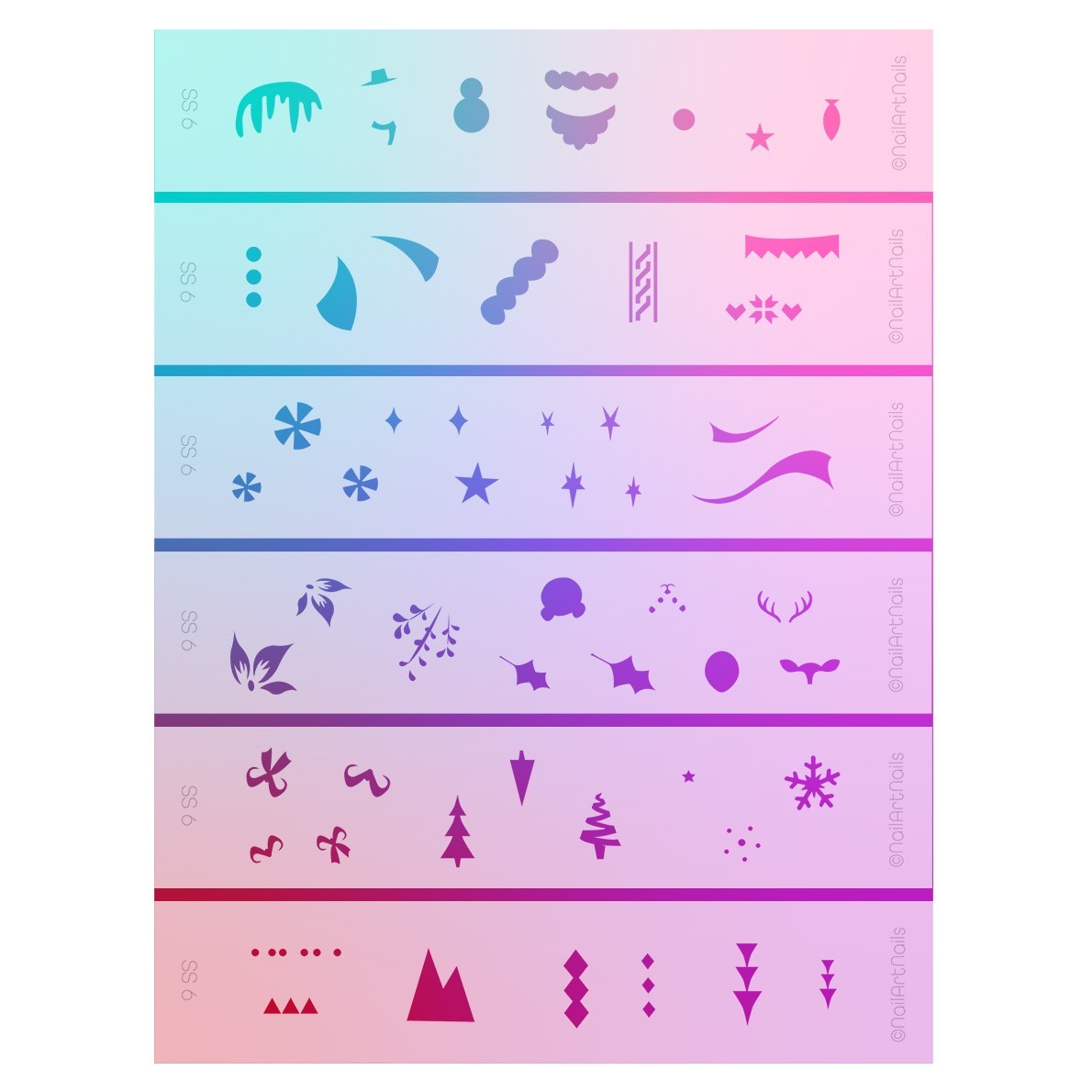 Airbrush Nail Art Design Stencil Strips Christmas Winter Theme SS6 -6 pc set
