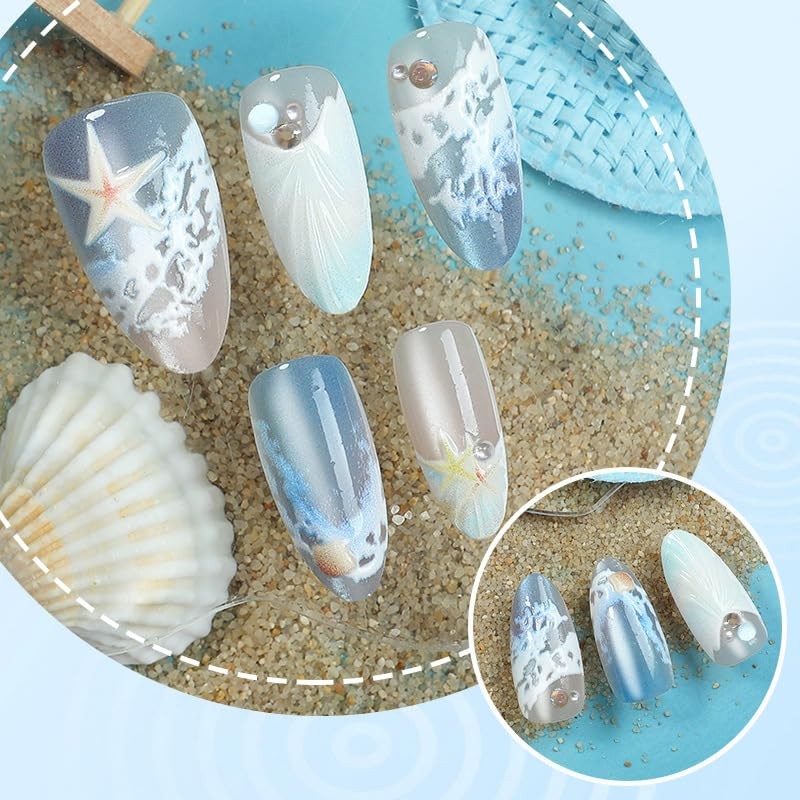 30Pcs Summer Beach Press on Nails Almond Medium Fake Nails Blue Sea French Fa…
