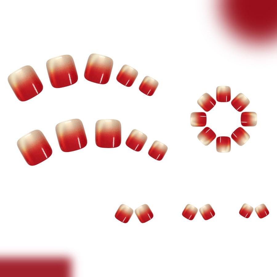 Red Ombre Press on Toenails Short Square Fake Toe Nails Wine Red Style 6
